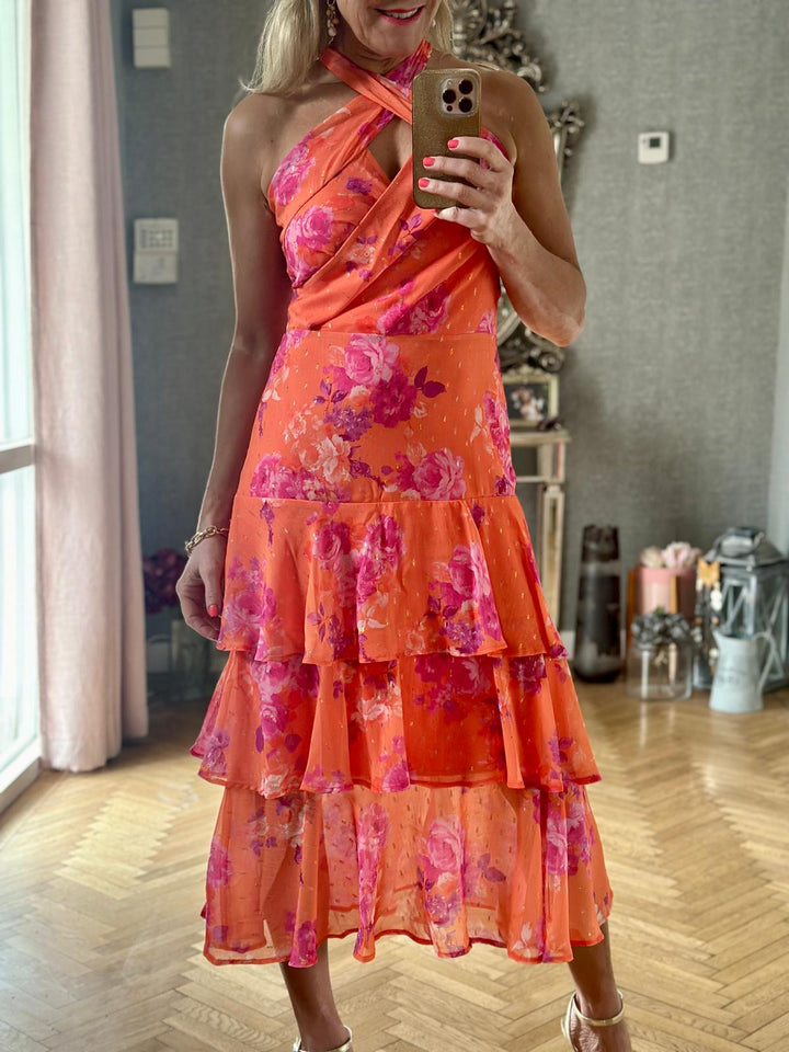 Valencia Crossover Front Halter Tiered Midi Dress