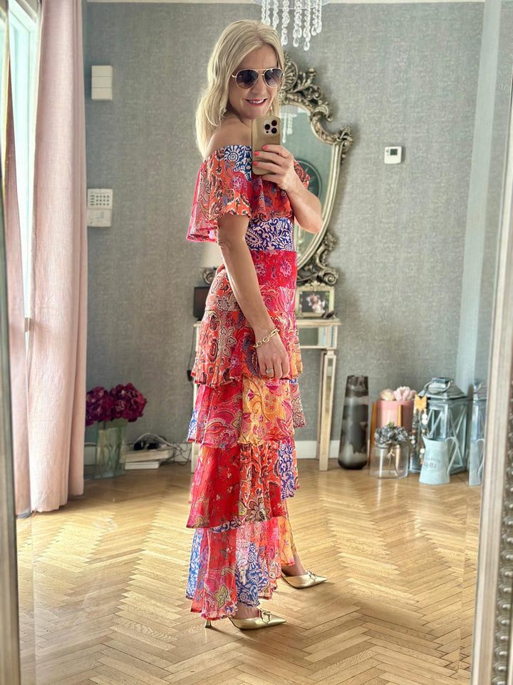 Marbella Paisley Patchwork Bardot Maxi Dress