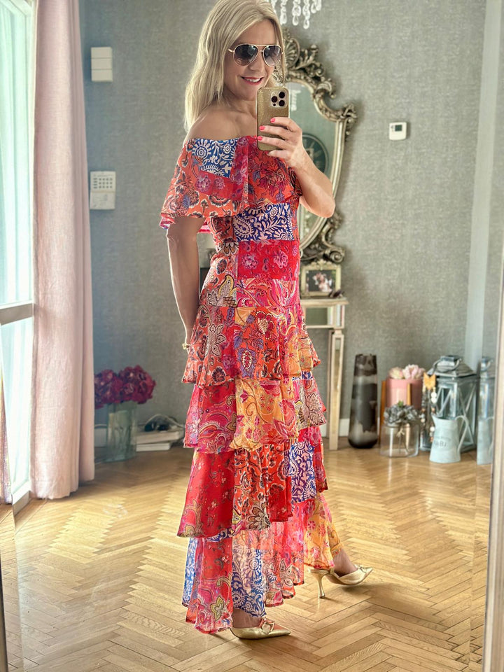 Marbella Paisley Patchwork Bardot Maxi Dress