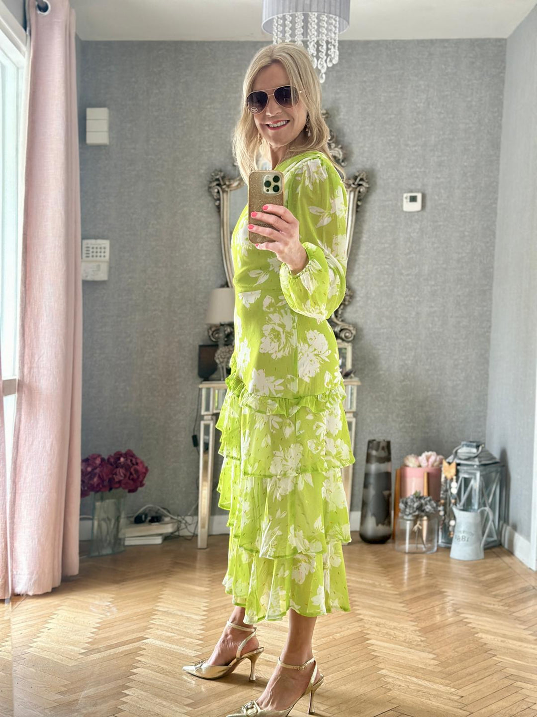 Lima Lime One Shoulder Assym Tiered Midi Dress
