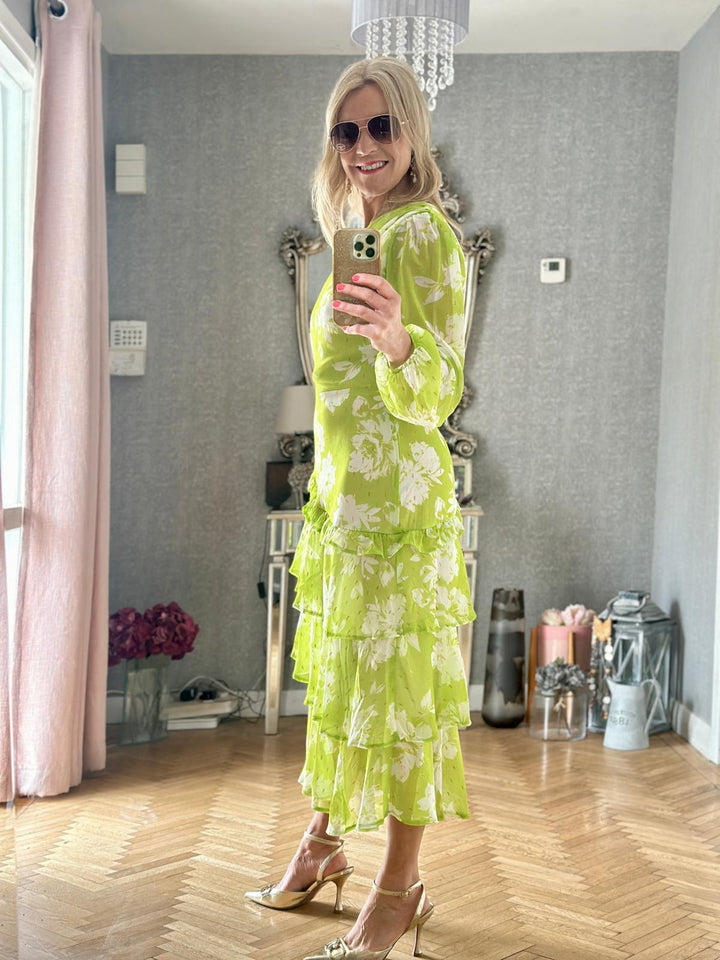 Lima Lime One Shoulder Assym Tiered Midi Dress
