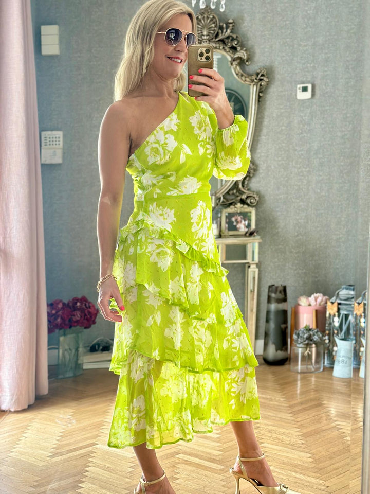 Lima Lime One Shoulder Assym Tiered Midi Dress