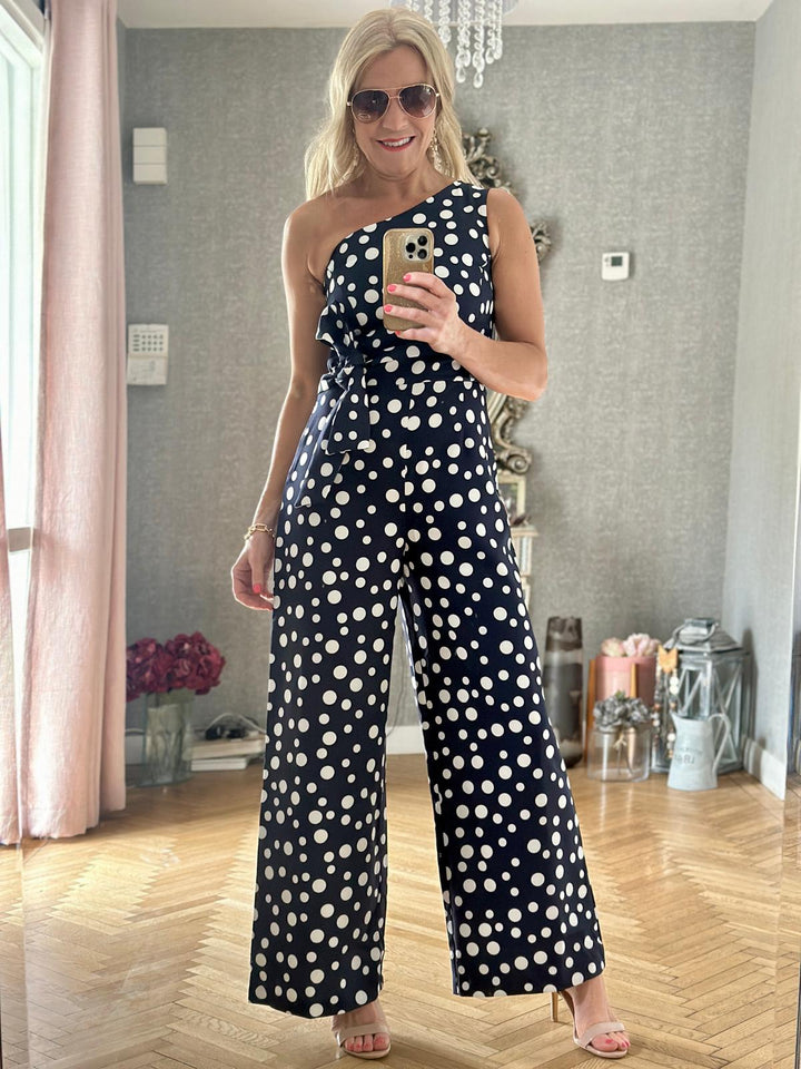 Roma Blue Polkadot One Shoulder Tie-Waist Wide Leg Jumpsuit