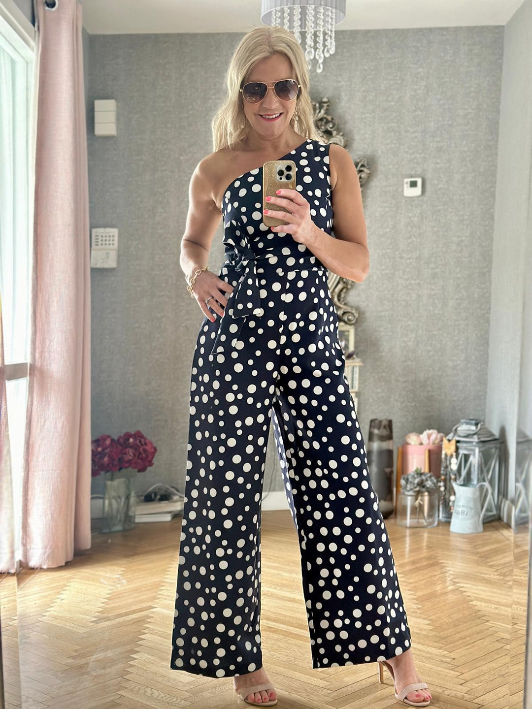 Roma Blue Polkadot One Shoulder Tie-Waist Wide Leg Jumpsuit