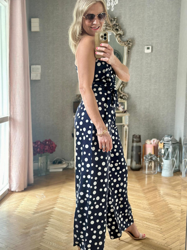 Roma Blue Polkadot One Shoulder Tie-Waist Wide Leg Jumpsuit