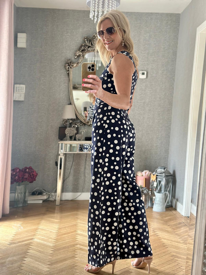 Roma Blue Polkadot One Shoulder Tie-Waist Wide Leg Jumpsuit