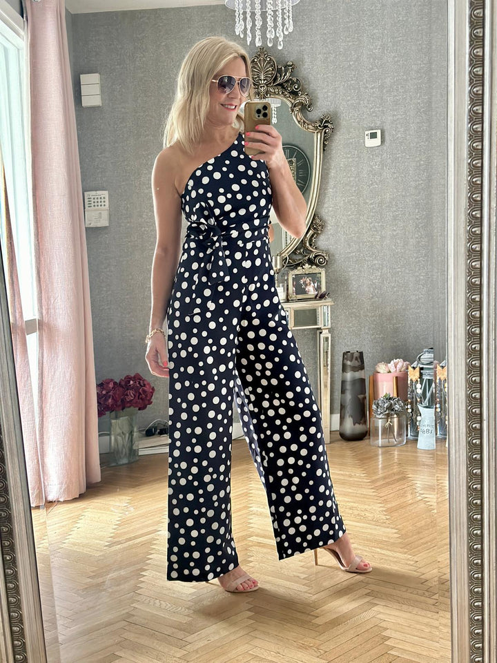 Roma Blue Polkadot One Shoulder Tie-Waist Wide Leg Jumpsuit