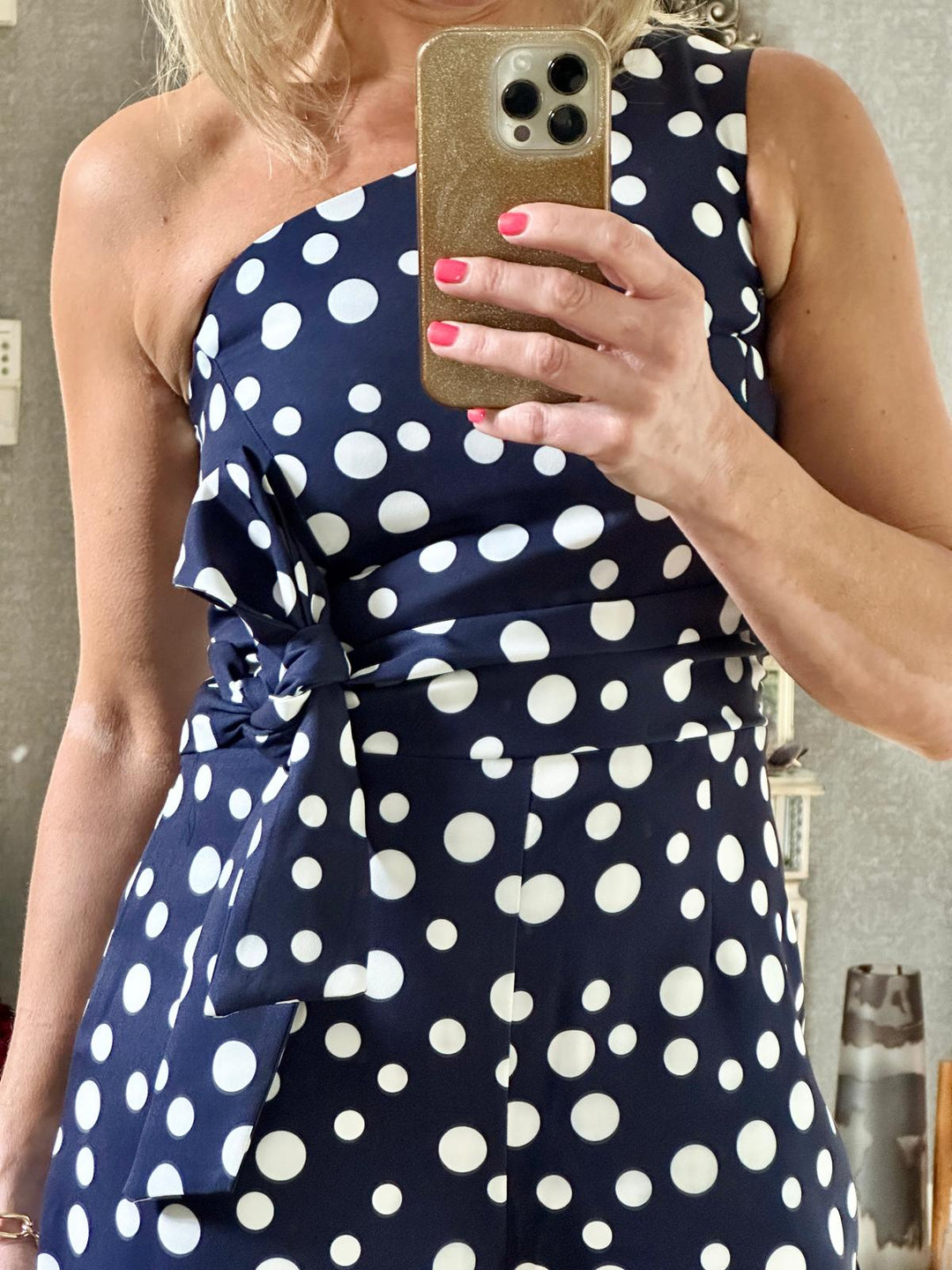 Roma Blue Polkadot One Shoulder Tie-Waist Wide Leg Jumpsuit