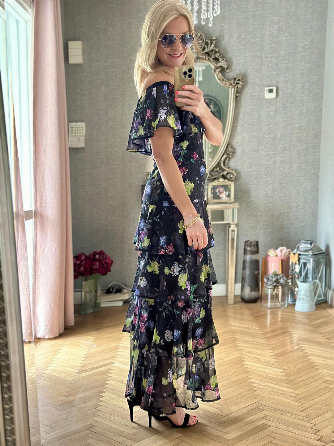 Marbella Black Floral Bardot Maxi Dress