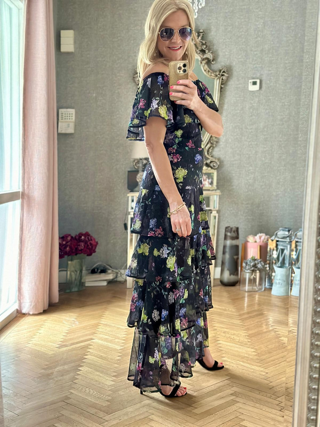 Marbella Black Floral Bardot Maxi Dress