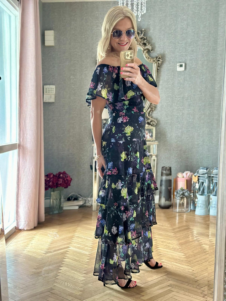 Marbella Black Floral Bardot Maxi Dress