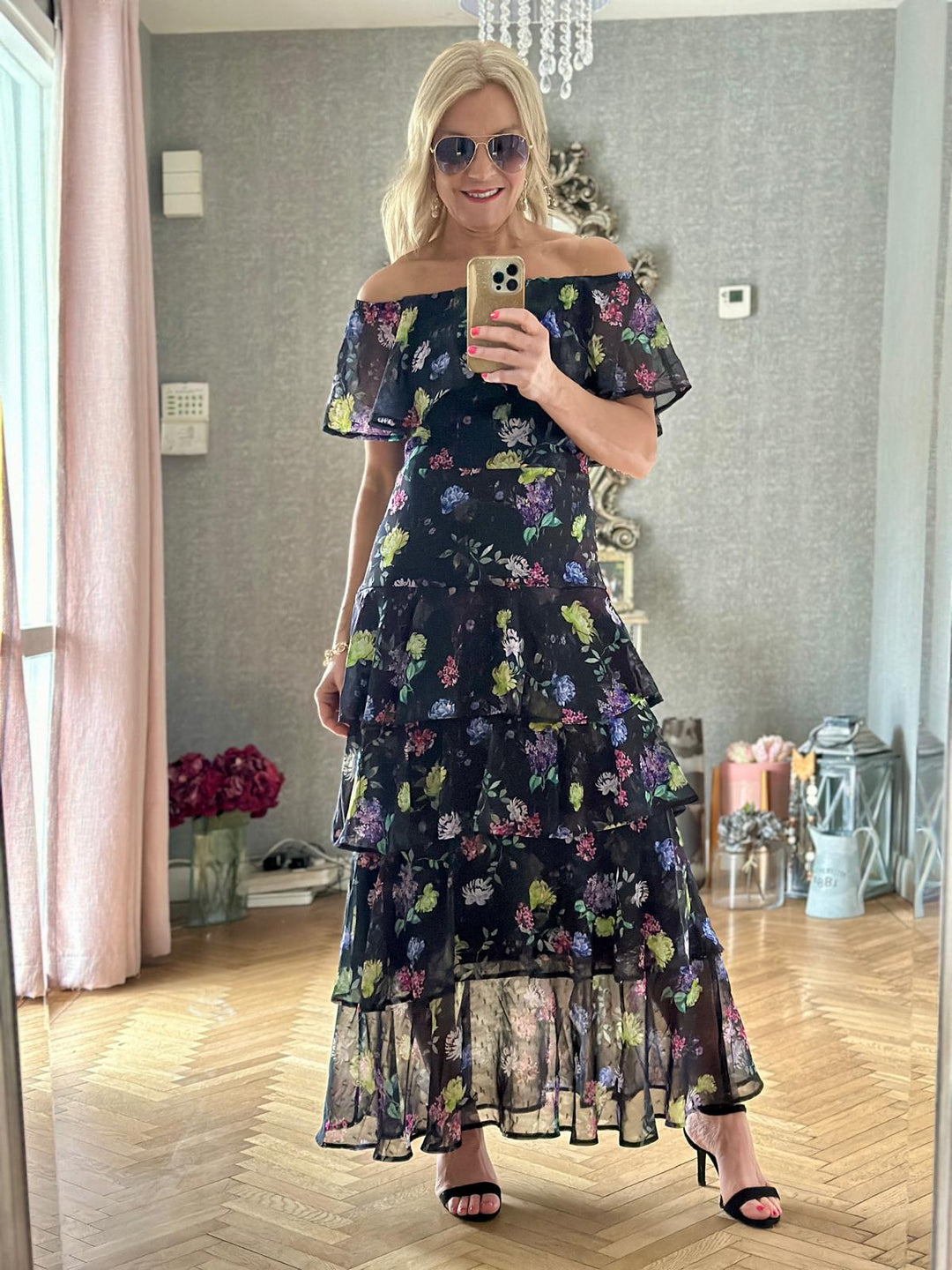 Marbella Black Floral Bardot Maxi Dress