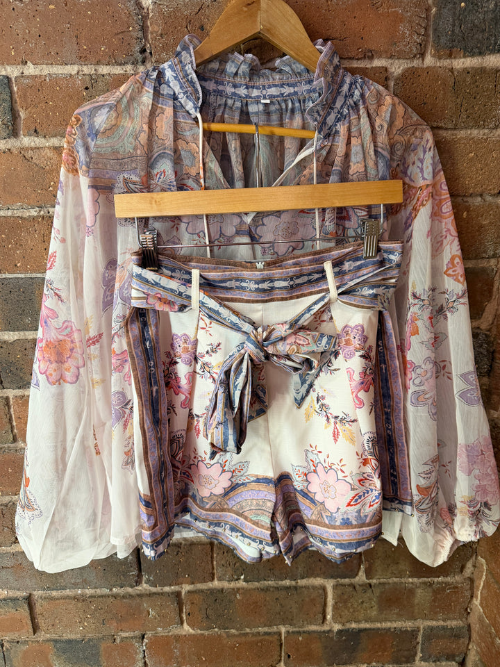 White & Lilac Damask Shorts Coord
