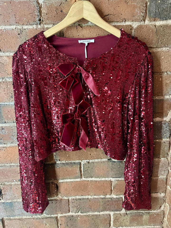Sequin Bow Front Jacket, Burgandy