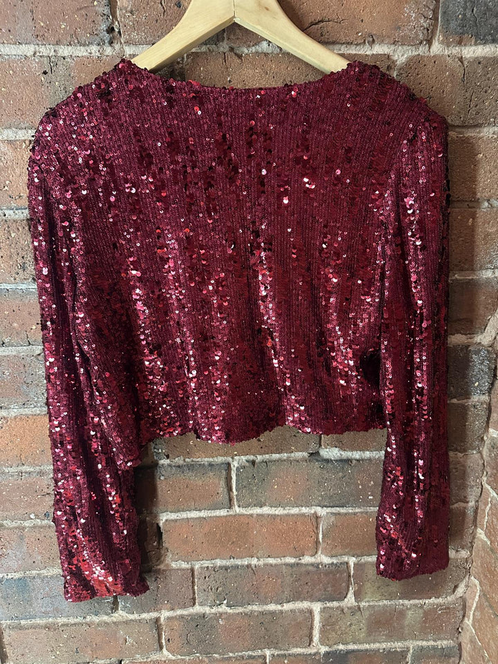 Sequin Bow Front Jacket, Burgandy