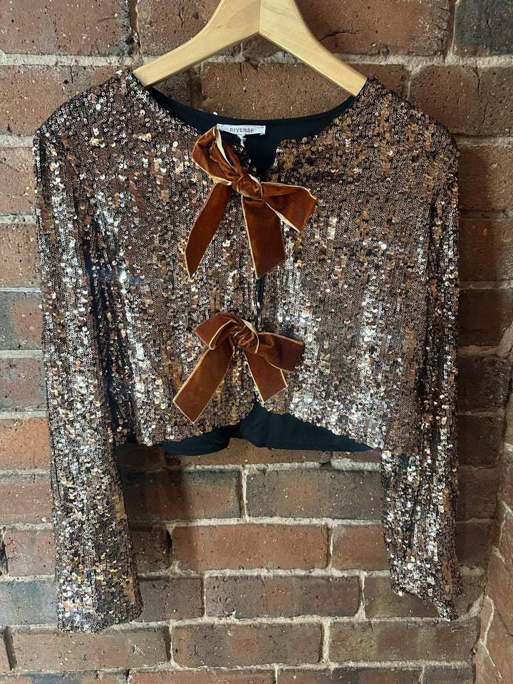Sequin Bow Front Jacket, Bronze