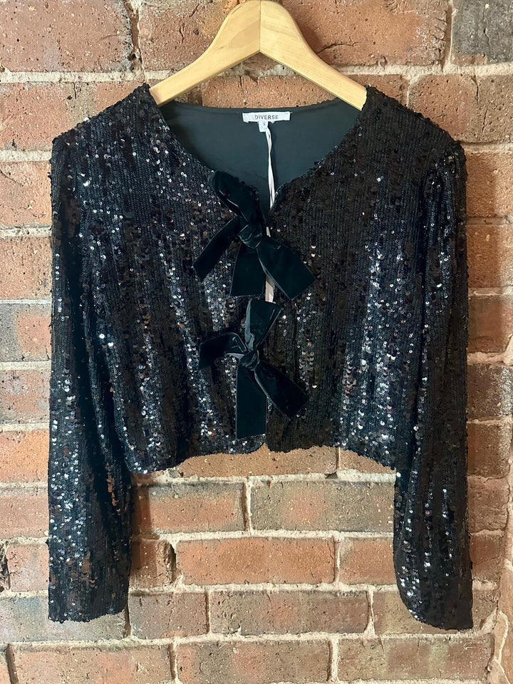 Sequin Bow Front Jacket, Black