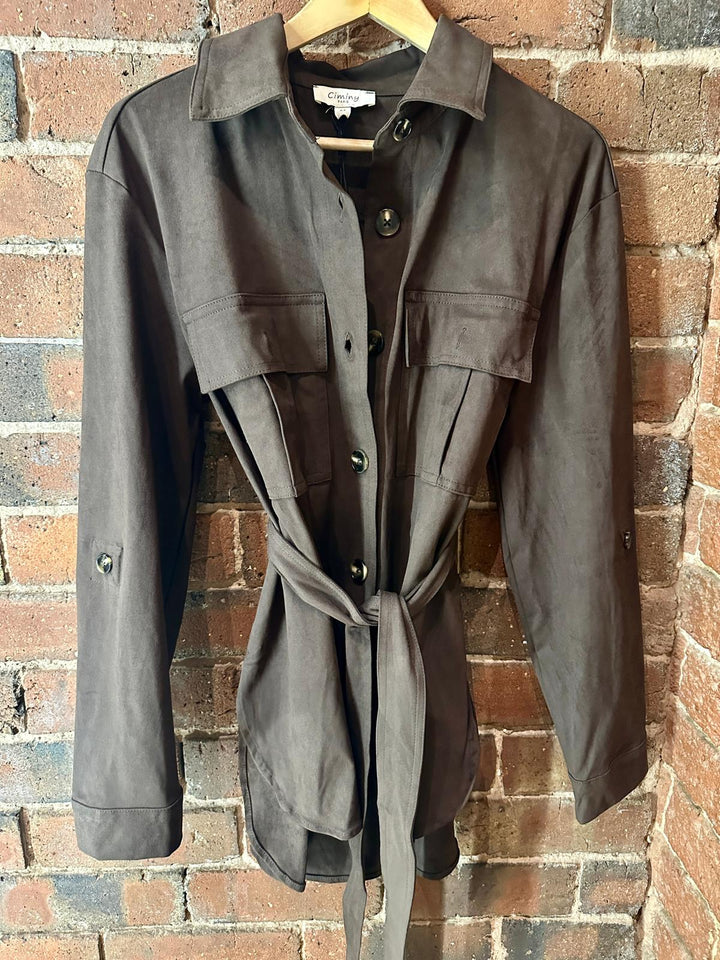 Faux Suede Safari Jacket, Chocolate