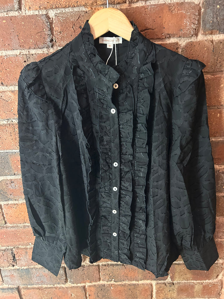Ruffle Front, Grandad Collar Blouse, Black