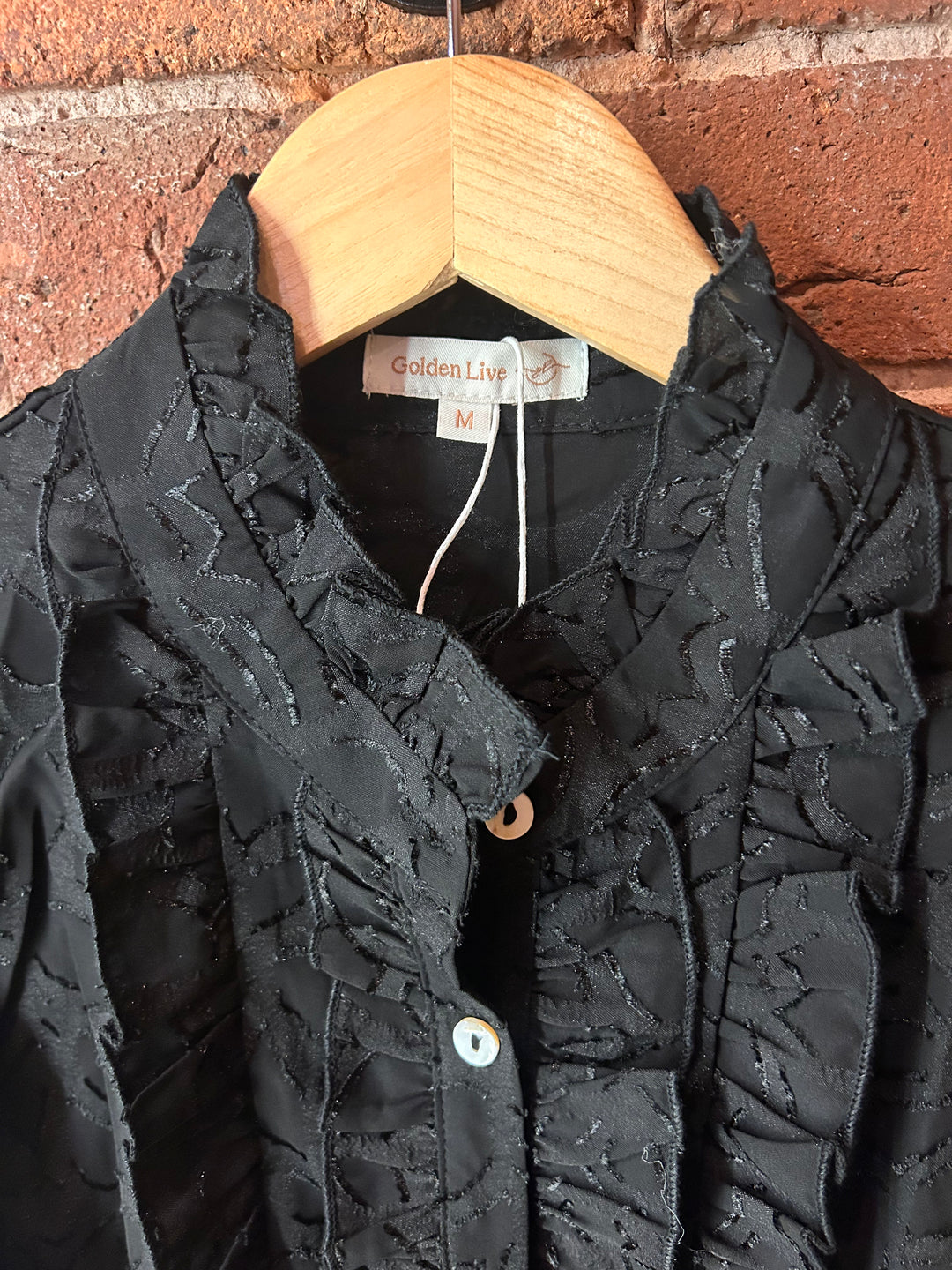 Ruffle Front, Grandad Collar Blouse, Black