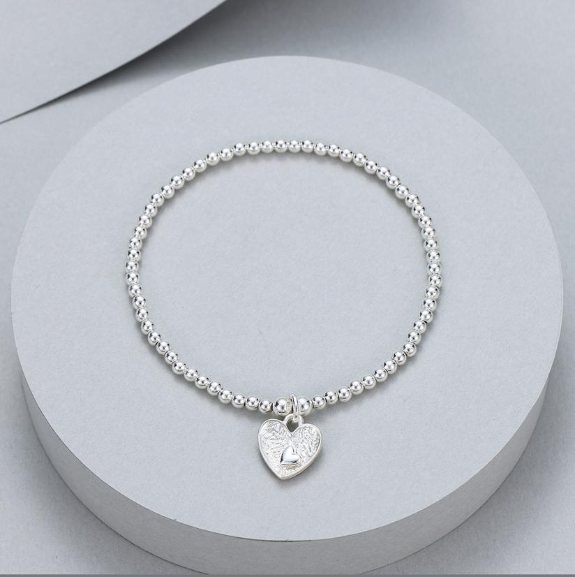 Beaded Silver Heart Bracelet With Mini Heart Detail