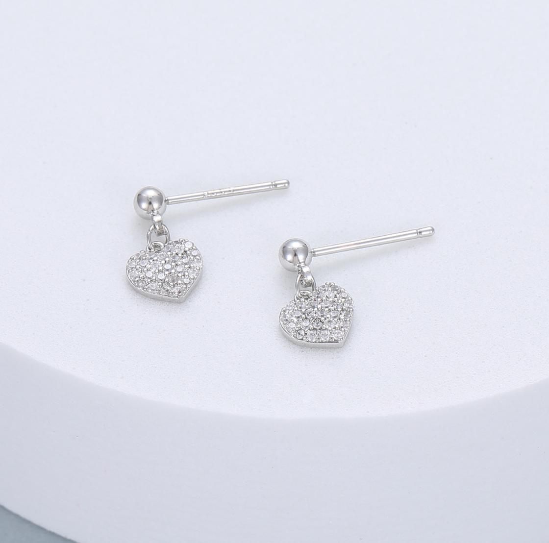 Mini Diamanté Heart Drop Earrings, Silver