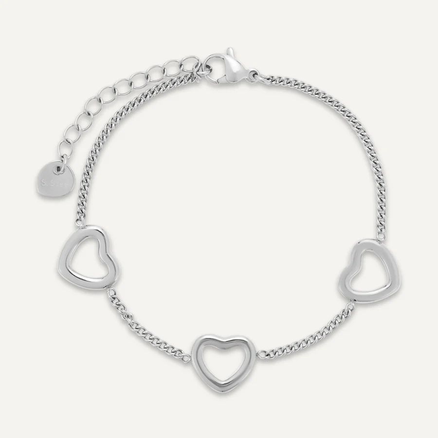 Three Open Heart Bracelet, Silver