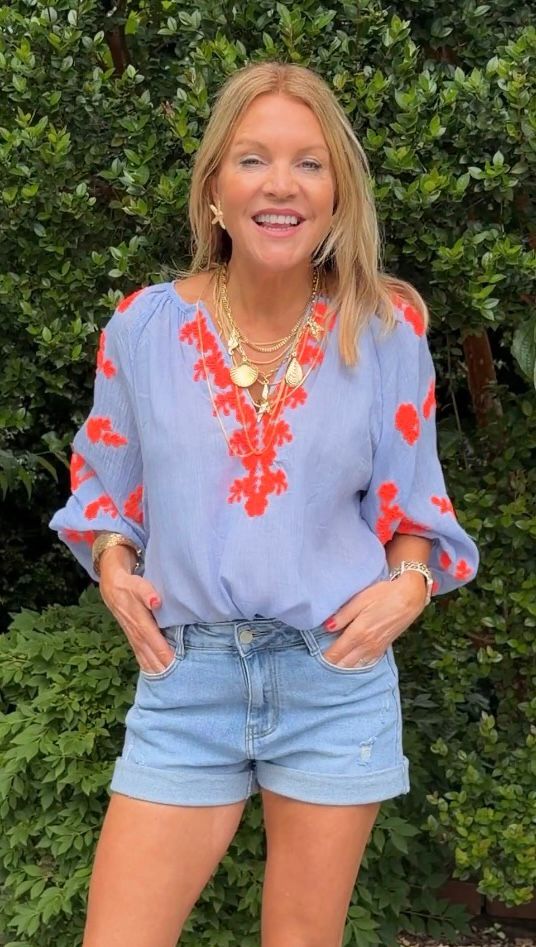 Blue & Neon Orange Embroidered Shirt