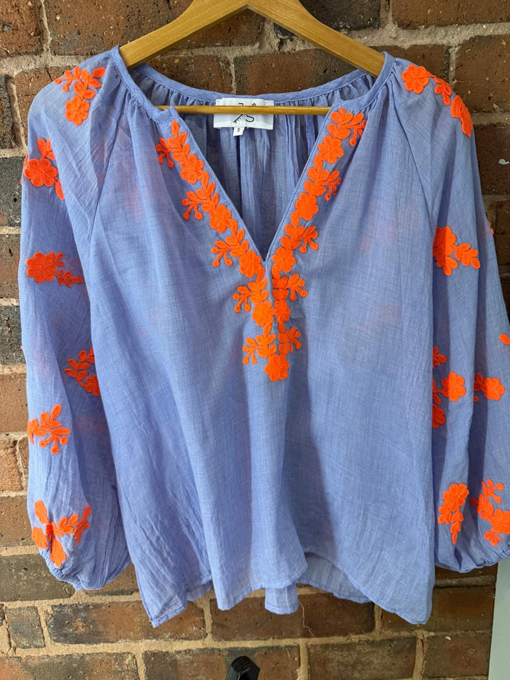Blue & Neon Orange Embroidered Shirt