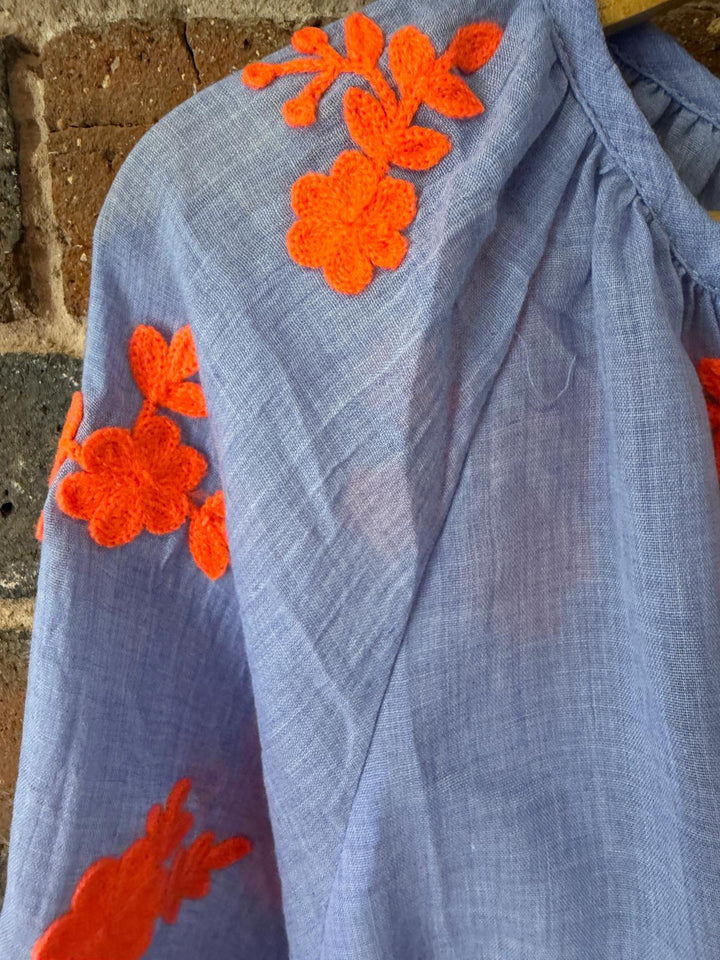 Blue & Neon Orange Embroidered Shirt