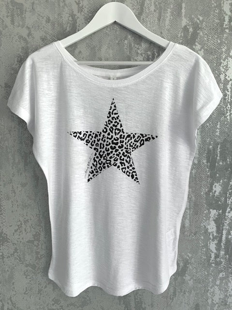 White & Black Leopard Star Slub T-Shirt size 8/10 & 18/20